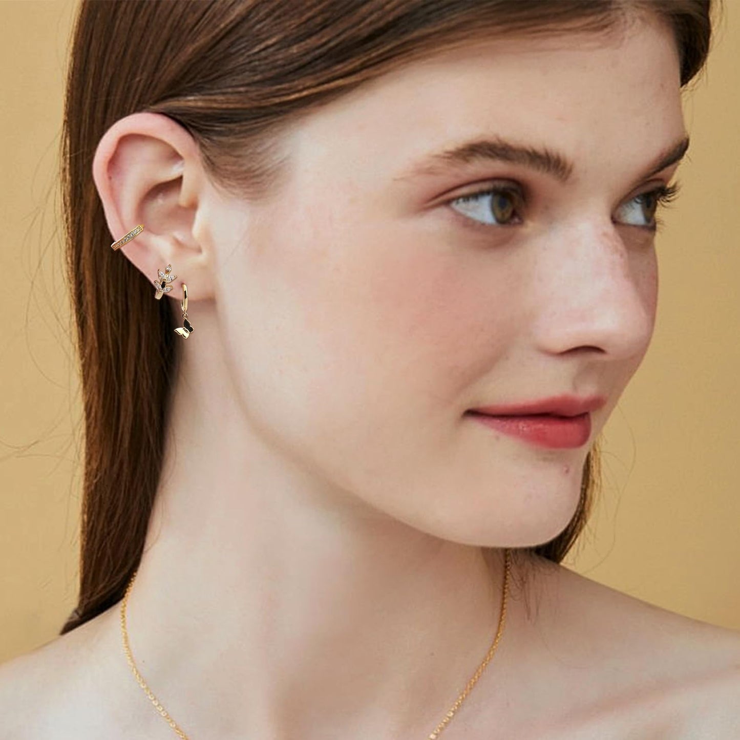 Frigotine 3PCS Gold Ball Cross Butterfly Dangle Small Hoop Earrings Stack Set for Woman, Dainty Rhinestone CZ Drop Multiple Piercing Cartilage Huggie Earing Wedding Prom Fashion Jewelry Gifts