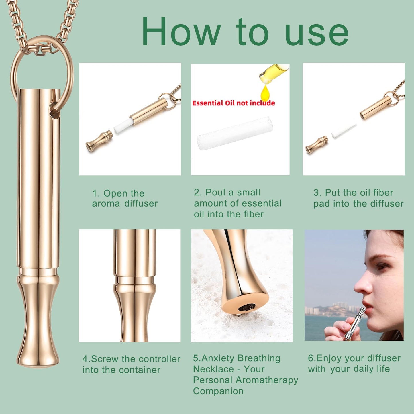 hooppoo Breathing Necklace for Calm & Focus - Personal Essential Oil Diffuser for Anxiety Relief, Quit Smoking, Yoga and Meditation - Reusable Stainless Steel Pendant for Women Men (Rose Gold)
