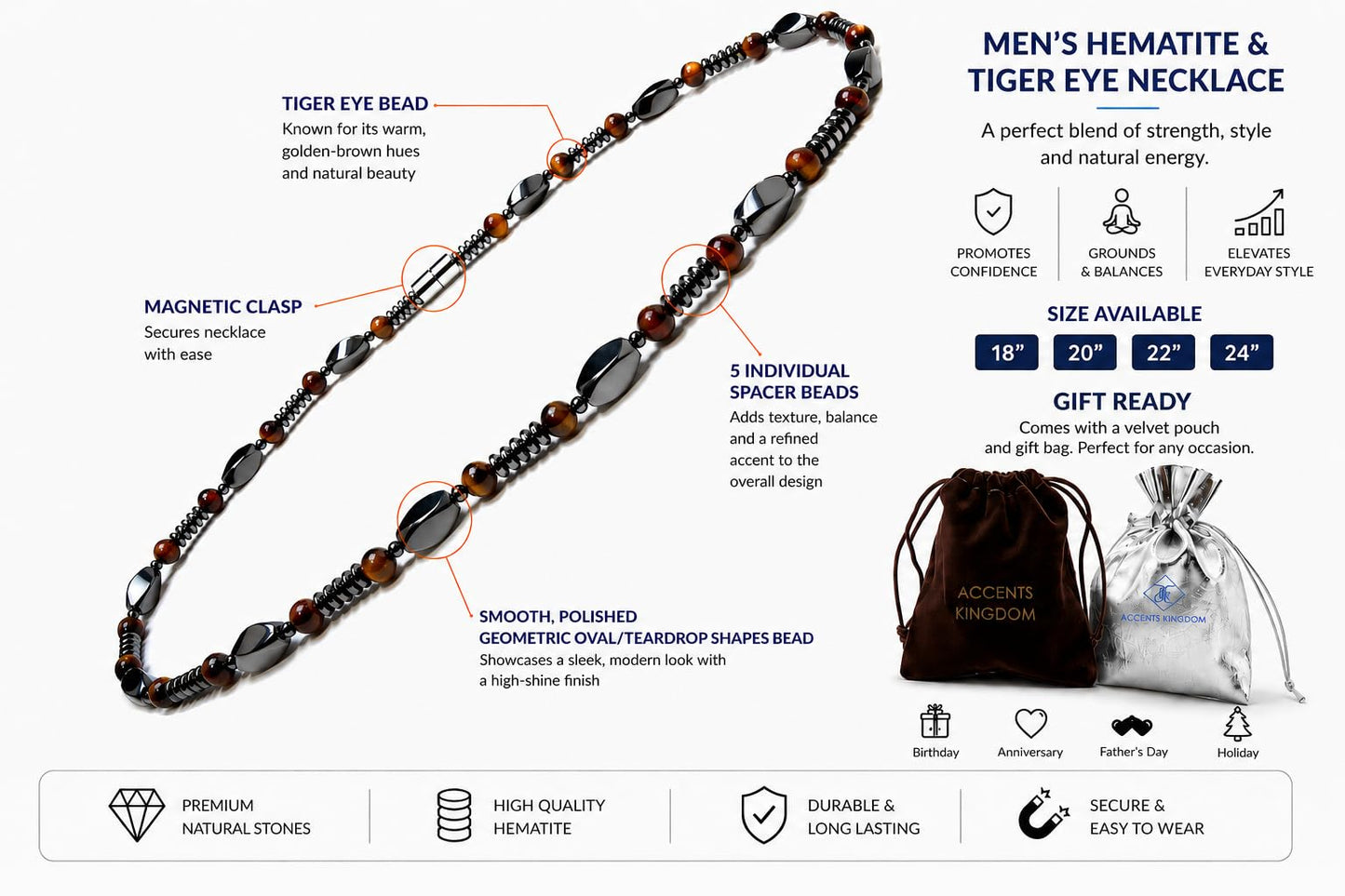 Accents Kingdom Men's Tiger Eye & Hematite Necklace - Natural Stone Beaded Necklace with Magnetic Clasp, Modern Masculine Jewelry for Casual, Business & Golf Wear, 22"