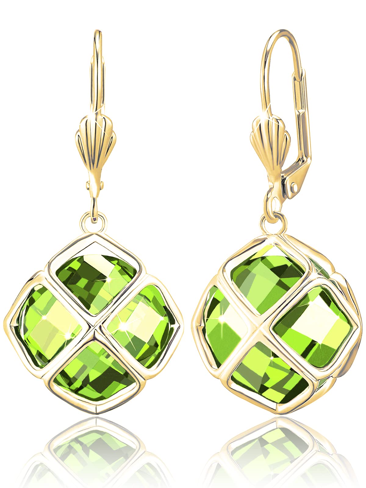 Big Light Green Crystal Dangle Earrings for Women (Aug-Peridot-14K Gold)