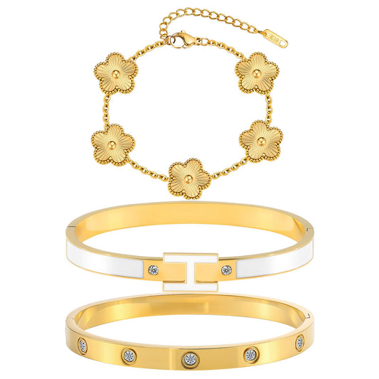 Camhanno Gold Clover Bracelets for Women - 18K Gold Plated Stainless Steel Dainty H Bangle Bracelets| Daily & Party Wear Jewelry, Easter Christmas Mothers Day Gifts