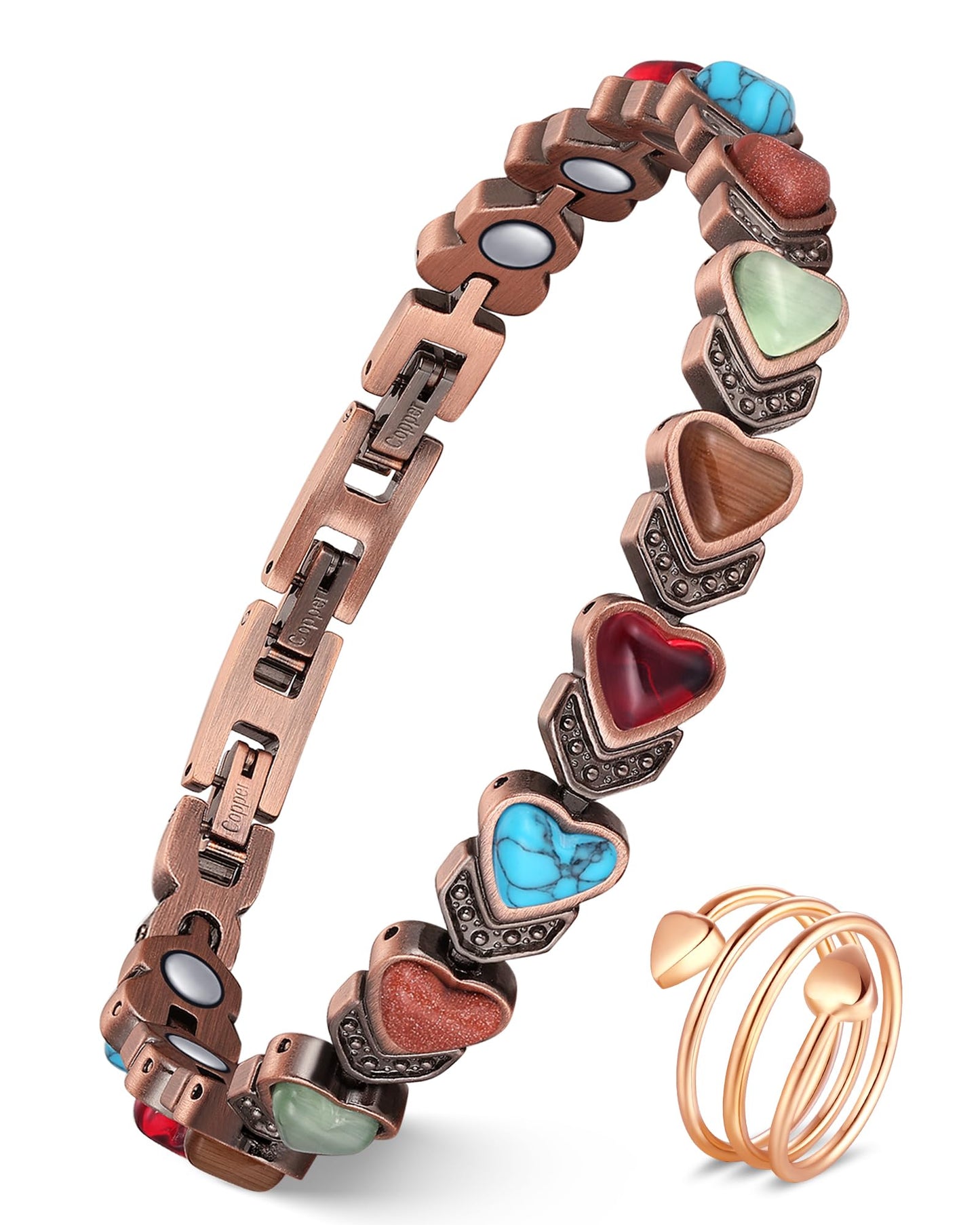 Feraco Pure Copper Bracelets & Rings for Women, Ultra Strength Magnetic Copper Bracelet with 3800 Gauss Magnets, Natural Turquoise & Stones, Adjustable Jewelry Gift (Heart Bloom)