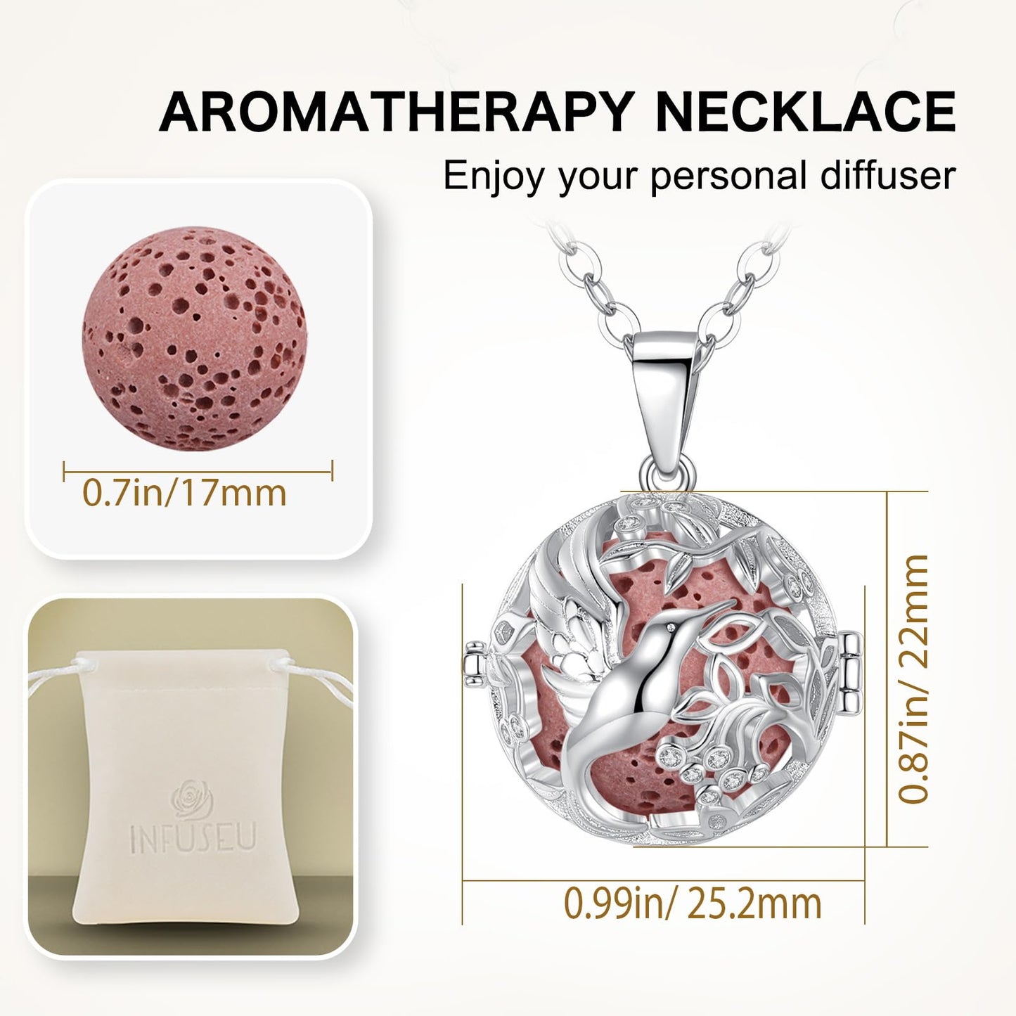 INFUSEU Aromatherapy Necklace Hummingbird Gifts for Women Essential Oil Diffuser Jewelry Lava Rock Stone Pendant Unique Aroma Perfume Spiritual Items for Meditation Yoga