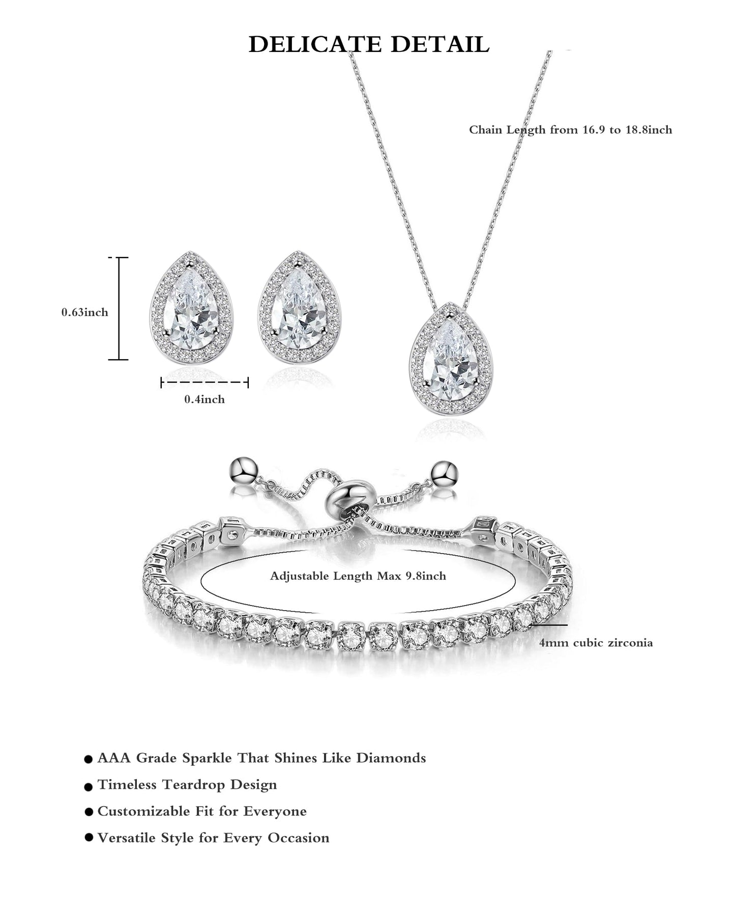 UDYLGOON Teardrop CZ Bridal Jewelry Set Imitation Diamond Earrings Necklace Bracelet for Bride Bridesmaids Wedding Prom Party (Tennis-Red)