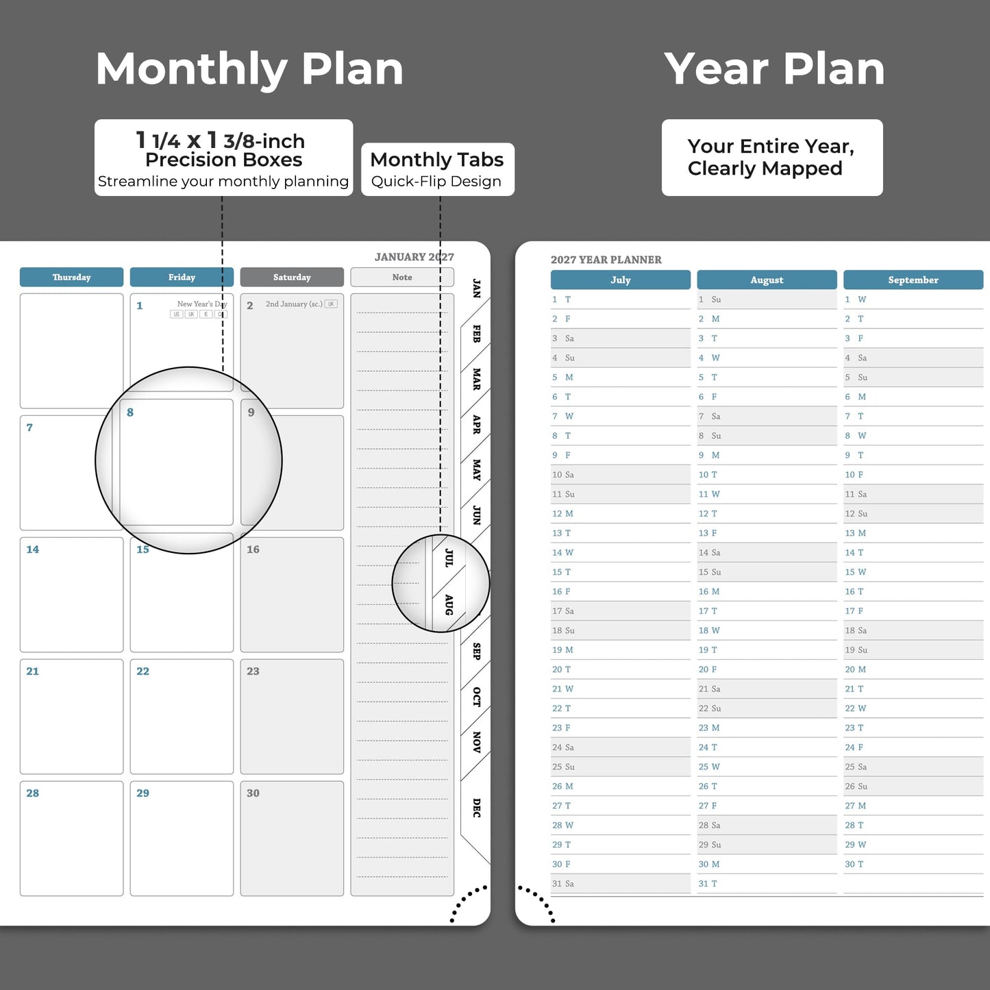 IN-LUXPRO Weekly Monthly 2026-2027 Planner (July 26-Dec 27),8.5"x6.5",18 Months Agenda Plan with Month Tabs & Pocket,Expenses/Note Pages, Academic Calendar with Vegan Leather Cover,Black