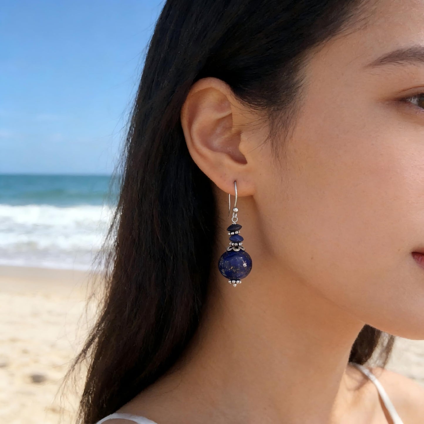 Turquoise Earrings for Women Double Lapis Lazuli Drop Earrings Natural Stone Round Bead Dangle Earrings Fashion Jewelry Gift (B-Lapis Lazuli)
