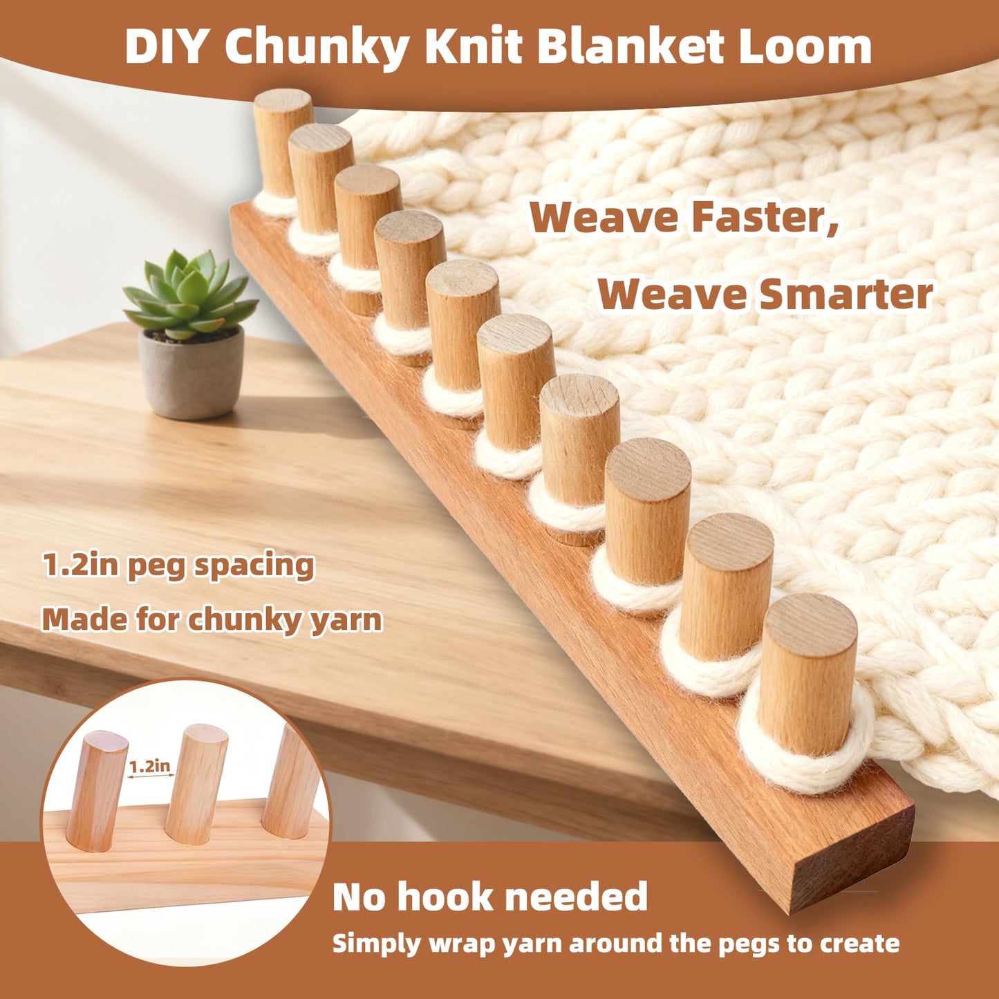 QAMGCYW 45" Chunky Yarn Loom, Beginner Hand Knitting Loom with Detachable Wooden Frame, Adjustable Size No Needles, DIY Blanket Weaving Loom, Premium Wood No Coating