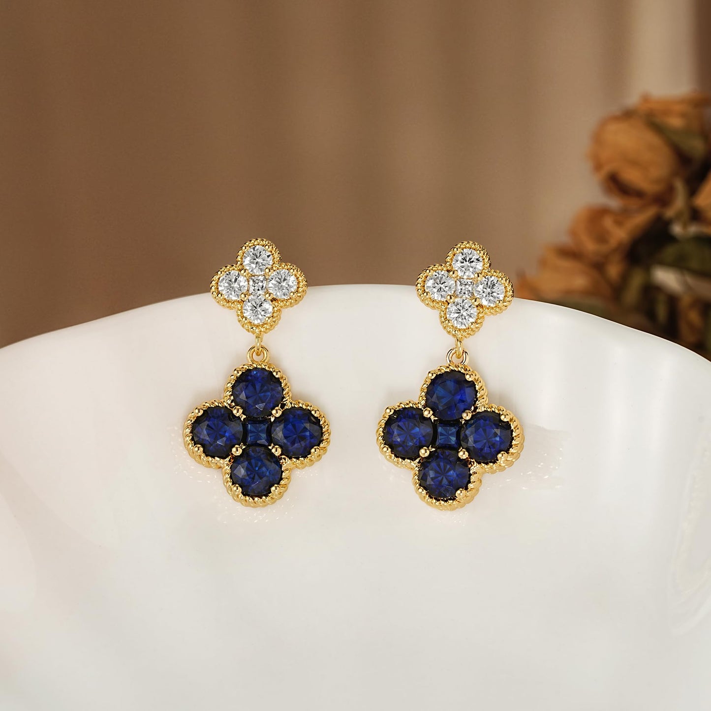 MTMY Dangle Earrings for Women 14K Gold Plated Four Leaf Clover Dangling Drop Birthstone Stud Earrings Trendy Flower Birthstone Jewelry Birthday Gifts(September)