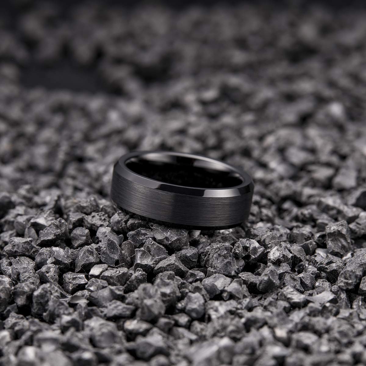 King Will 7mm Men's Black Wedding Ring - Brushed Matte Surface, Beveled Polished Edge, Comfort Fit Size 7