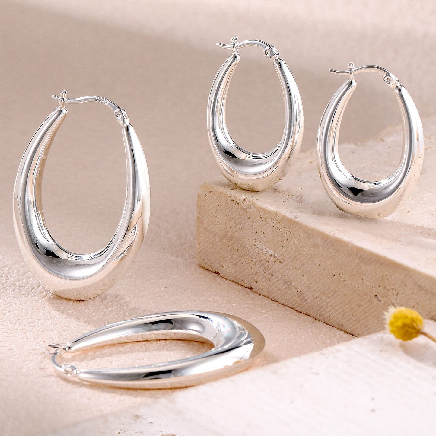 PABBEU Sterling Silver Chunky Oval Hoop Earrings, 40mm, Hypoallergenic, for Women