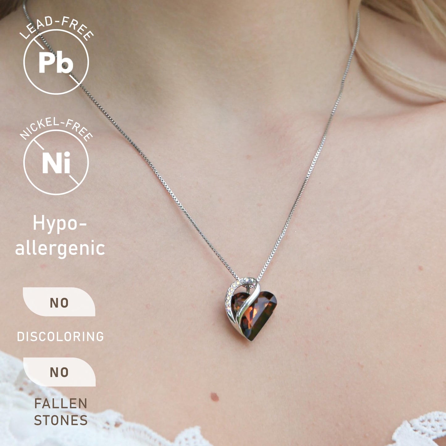 Leafael Gift Necklaces for Women, Infinity Love Heart Pendant, Dark Topaz Brown Healing Crystal for Stress Relief, Birthday Jewelry for Her, Mom, Wife, Silver Plated, 18" + 2" Chain