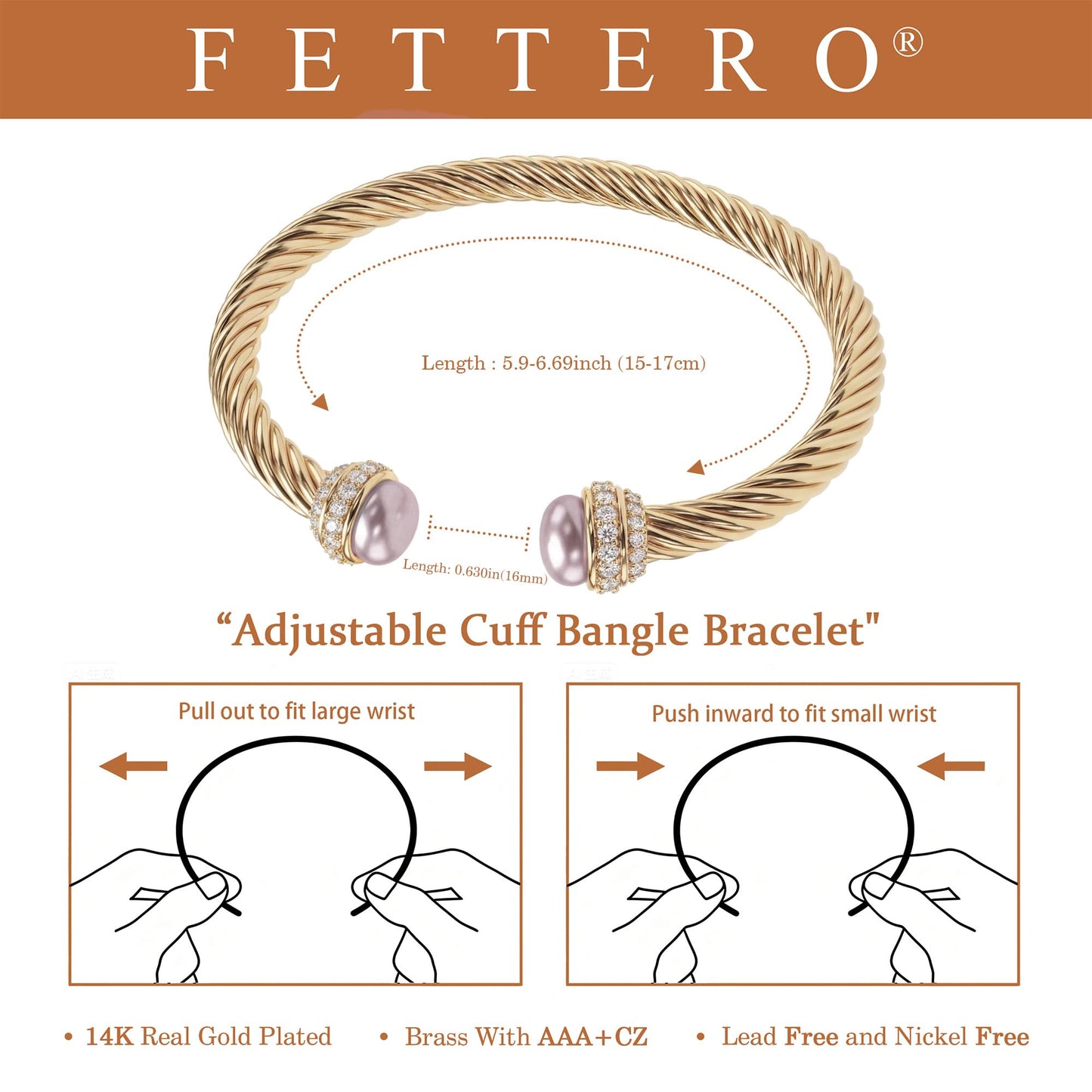 Fettero Gold Cuff Bangle Bracelets for Women - 14K Gold Plated Adjustable Open Cuff Friendship Bracelets Twisted Cable Bangle Bracelet Lightweight Purple Pearl Bracelet for Dainty Jewelry