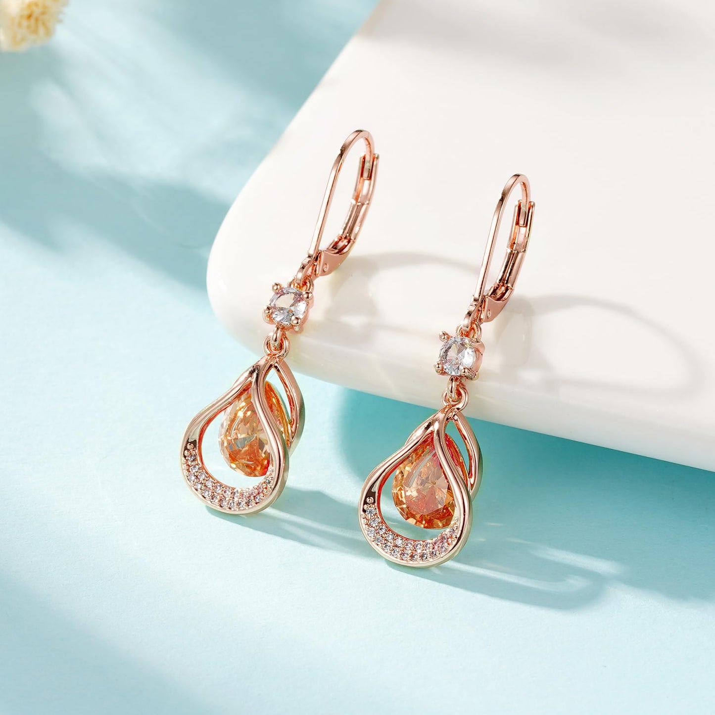 Dangle Trendy Leverback Birthstone Earrings Rose Gold Plated Teardrop Dangle Earrings Jewelry Christmas Birthday Gifts for Women (Rose Gold November)