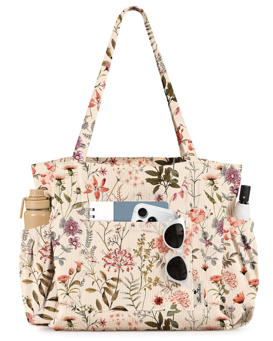 Miss Adola Corduroy Cute Tote Bag for Women - Large Capacity Multi-Pocket Shoulder Bag with Zipper for Work, Travel, and Shopping, Vintage Floral