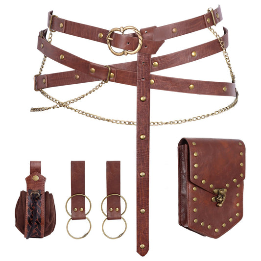 soptuyp Renaissance Belt Set with Chain - Vintage Faux Leather Medieval Pirate Belt Renaissance Accessories Women for Corset Dress (Brown-2)