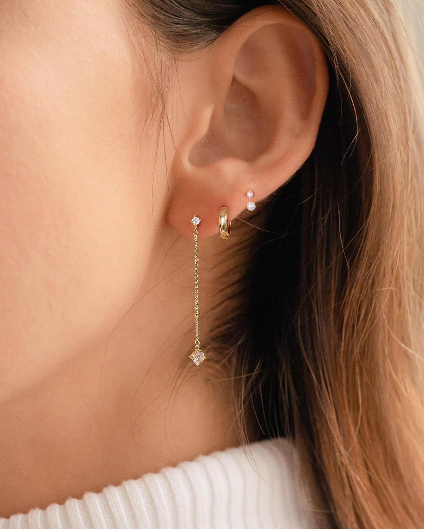 PRTGL Pearl Earrings - 14K Gold Plated Pearl Ear Jacket Polished Huggie Hoop Dangle Earrings Set for Women