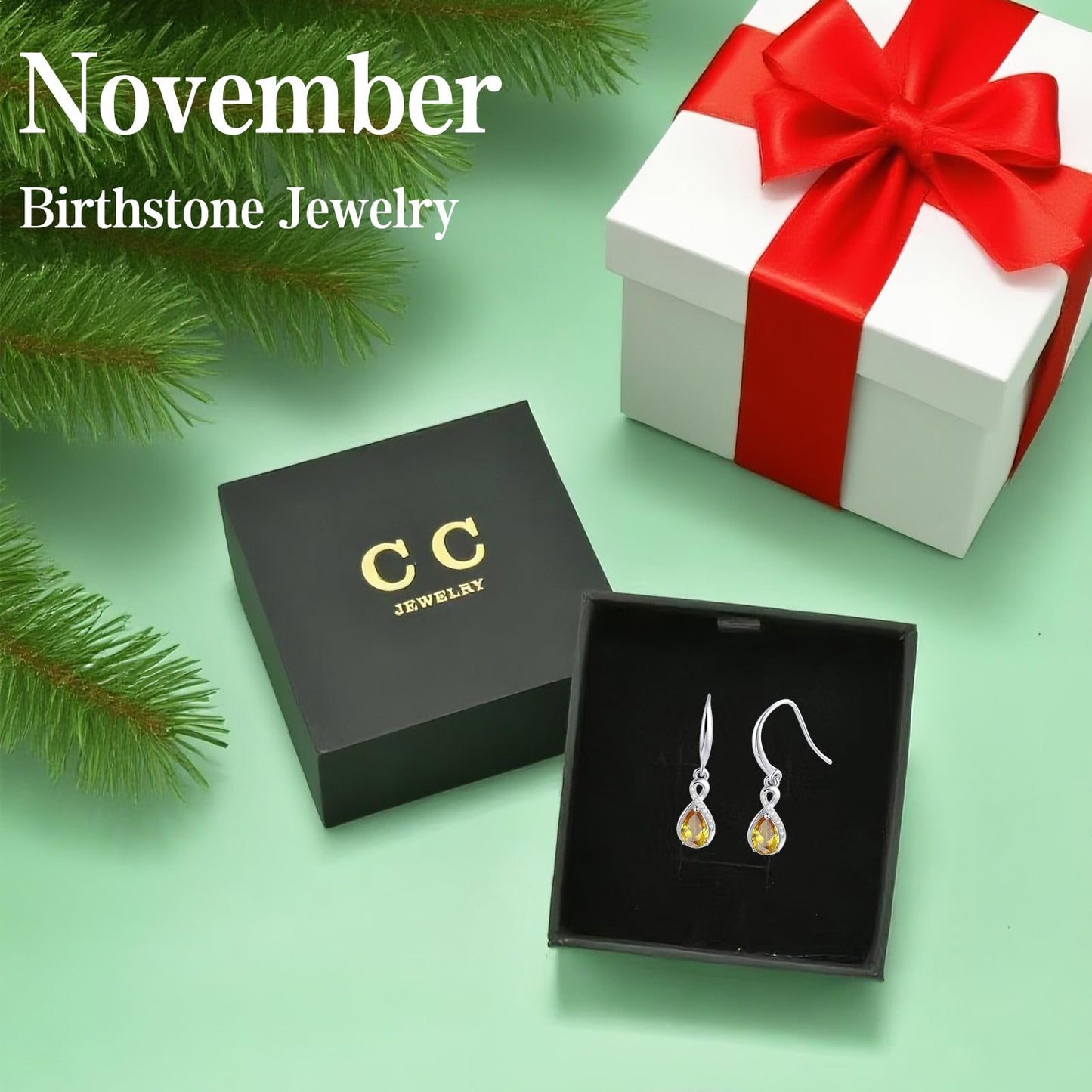 Infinity Birthstone Earrings 18K Gold Plated 925 Sterling Silver Teardrop Infinity Drop Dangle Earrings Citrine Jewelry Birthday Gifts for Women Her Mother Wife