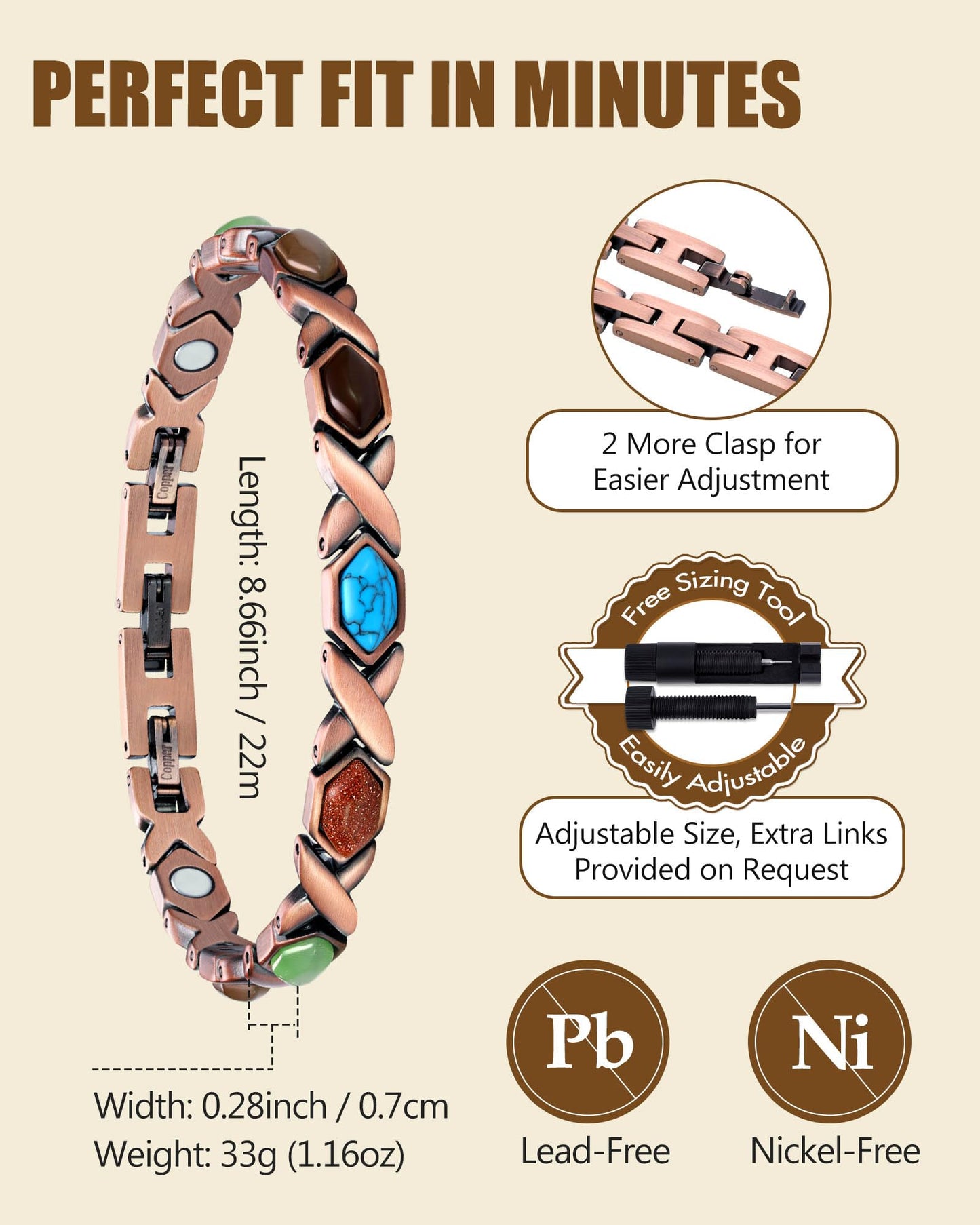 Feraco Copper Bracelet for Women,Pure Copper Magnetic Bracelets,Natural Gemstone,Gifts for Women