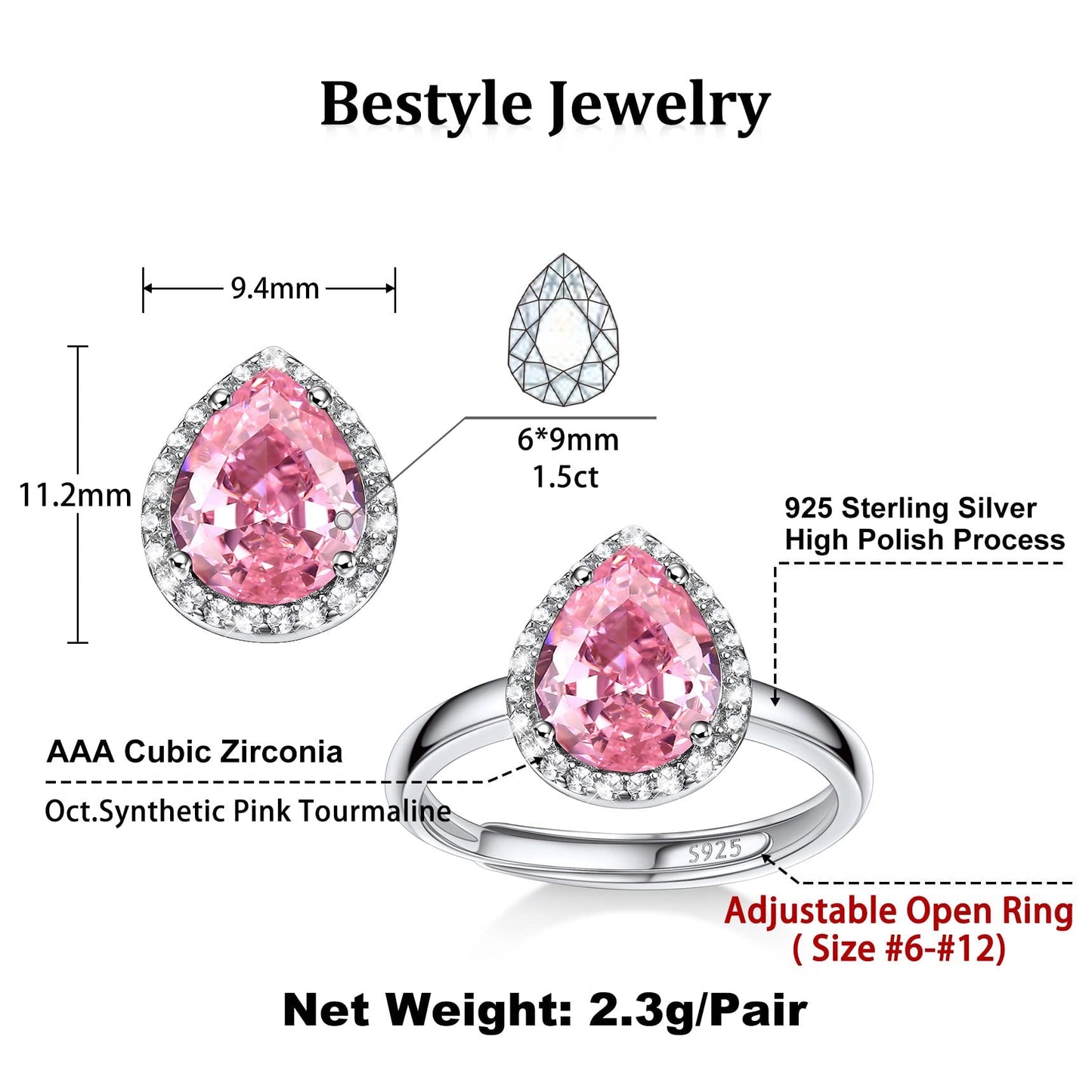 Bestyle Infinity Love Teardrop October Pink Tourmaline Gemstone Rings with Sparkling Cubic Zirconia, Brilliant Love Teardrop Diamond Halo Rings Statement Jewelry for Women