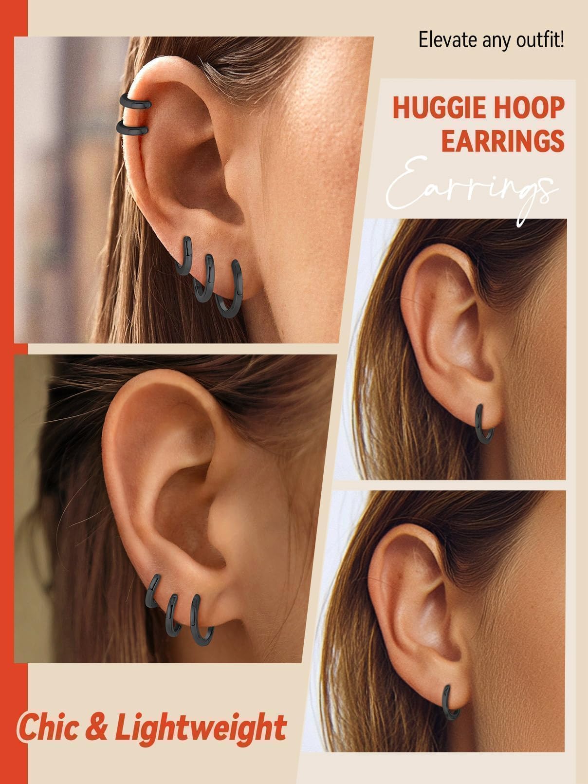 FaithHeart 925 Sterling Silver Huggie Hoop Earrings, Small Silver Hoop Earring for Women, Black Hypoallergenic Cartilage Earrings for Women 8mm
