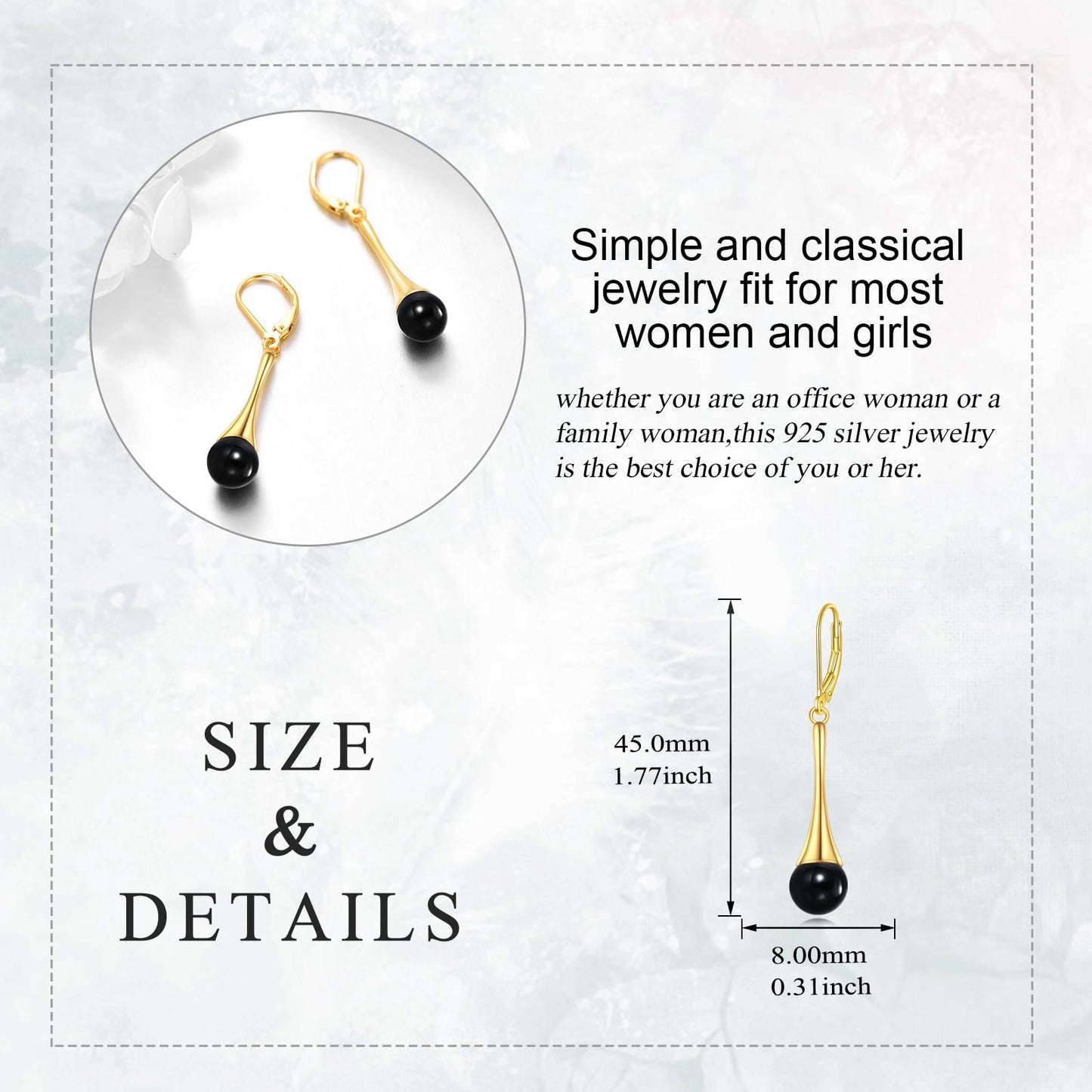Sterling Silver Black Onyx Earrings for Women 18K Yellow Gold Plated Jewelry Gifts (Dangle with Ball Bead)