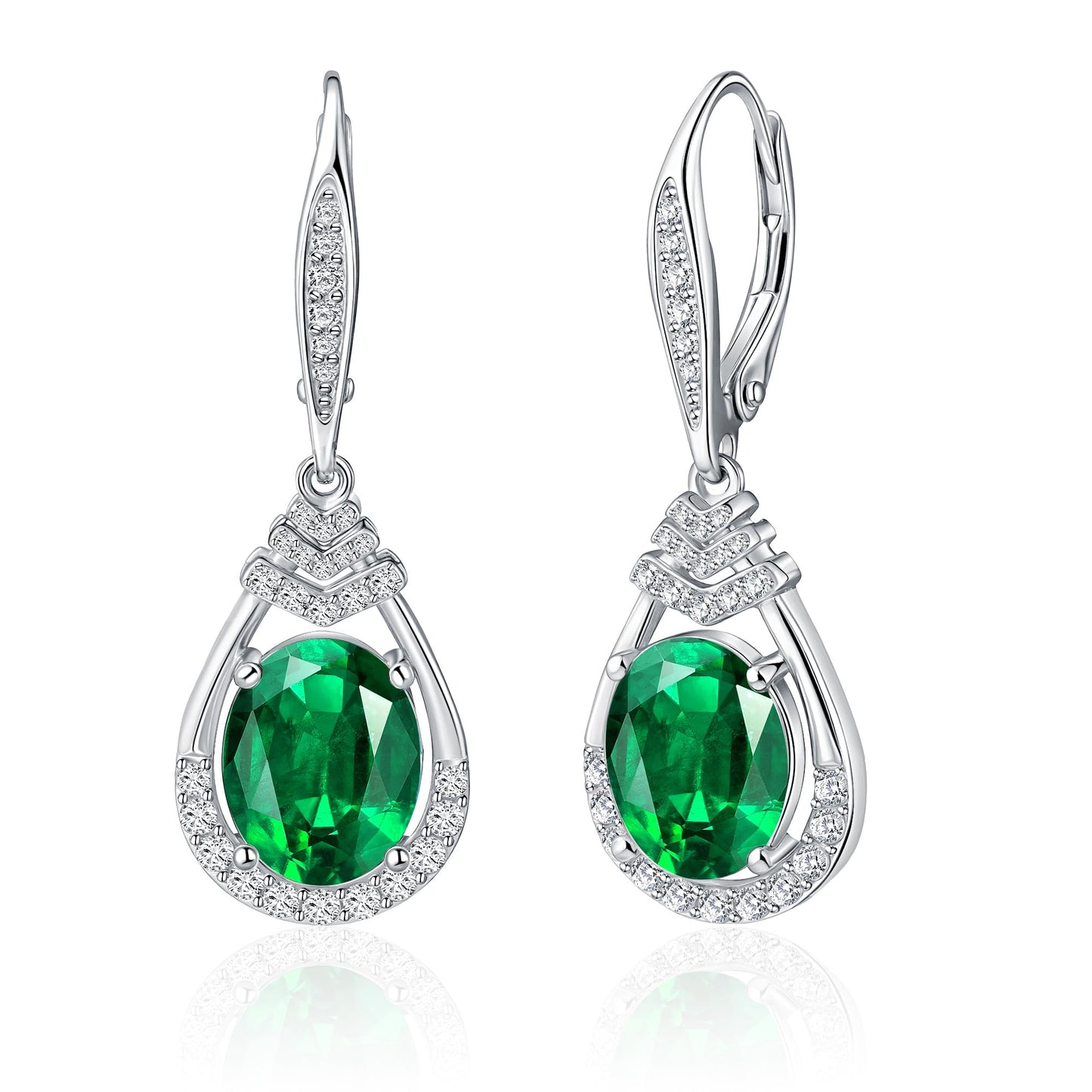 Green Emerald Dangle Earrings May Birthstone Sterling Silver Teardrop Leverback Drop Earring for Women Wedding Jewelry for the Bride Oval Cut CZ Earrings Anniversary Birthday Gifts for Wife Mom