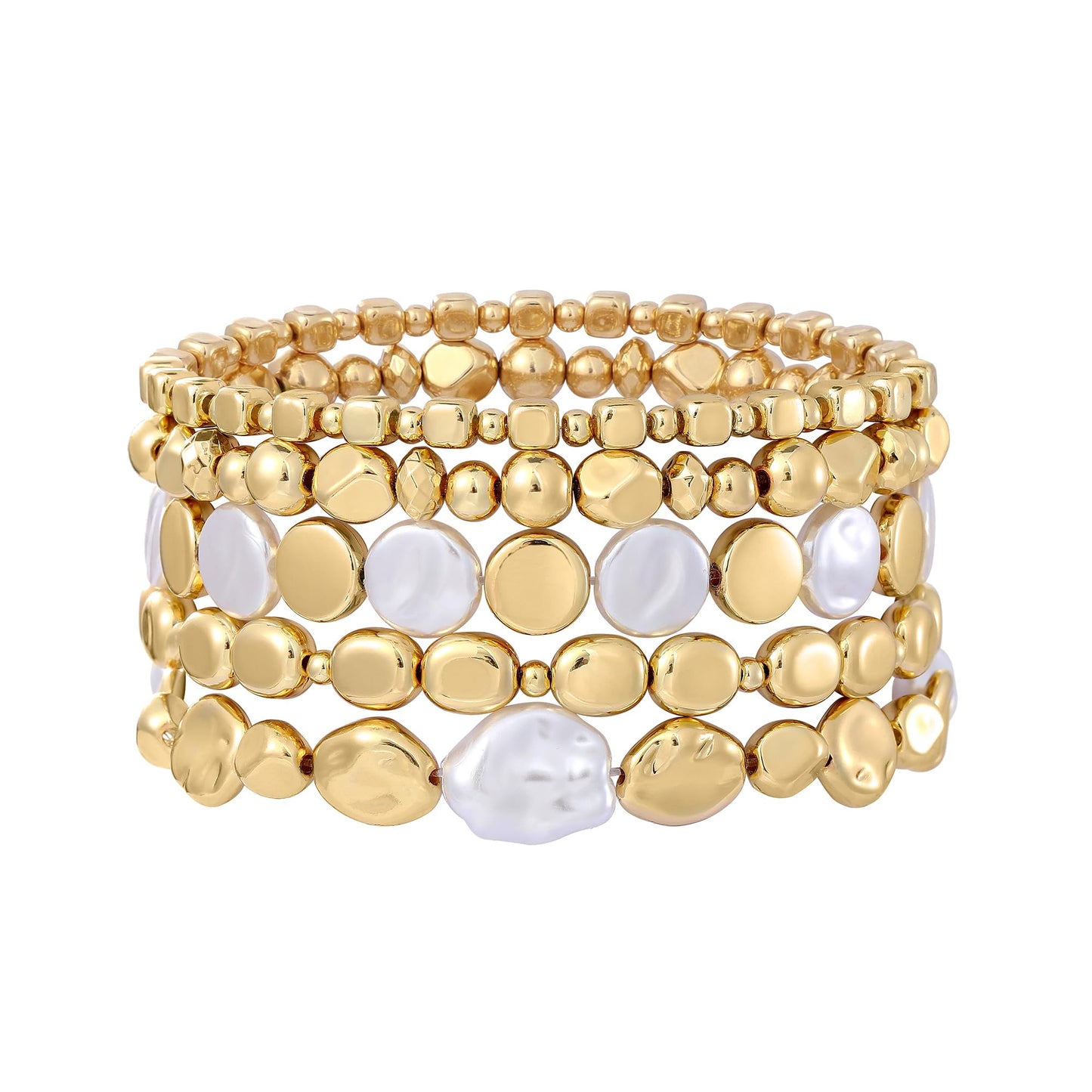 Sajidos Gold Plated Beaded Bracelets for Women Trendy, 14K Gold Plated Stack Cross Pearl Gold Plated Bead Stretch Bracelets Set Elastic Hypoallergenic Bracelets Jewelry Gifts (style19-2)