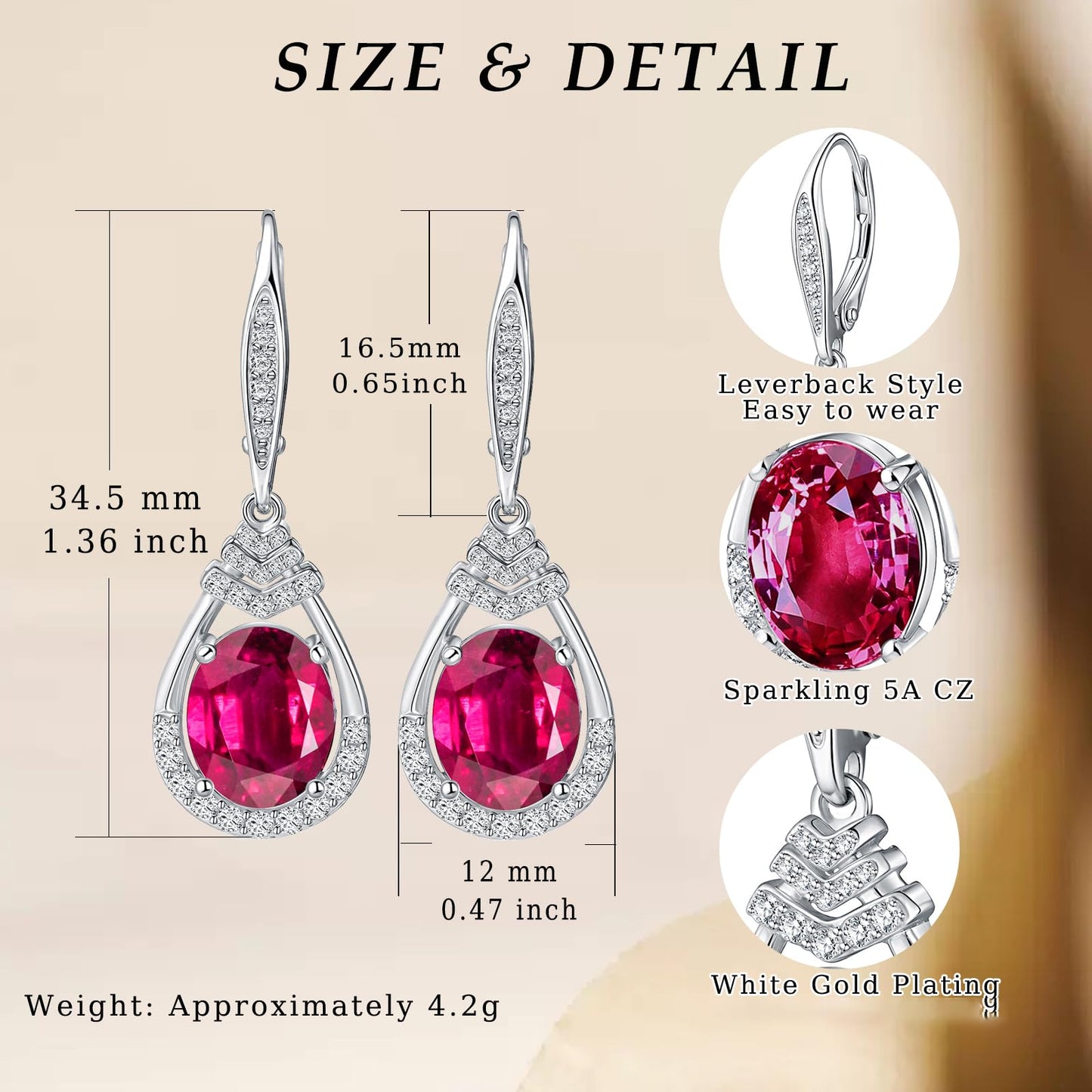 Red Ruby Dangle Earrings July Birthstone Sterling Silver Teardrop Leverback Drop Earring for Women Wedding Jewelry for the Bride Oval Cut CZ Earrings Anniversary Birthday Gifts for Wife Mom