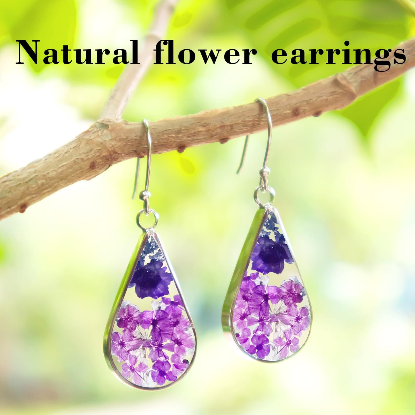 925 Sterling Silver Pressed Flower Teardrop Earrings,Hypoallergenic Women's Jewelry Gift for Mom,Handmade natural dried flower teardrop earrings Jewelry Gift (Star Flower Purple)