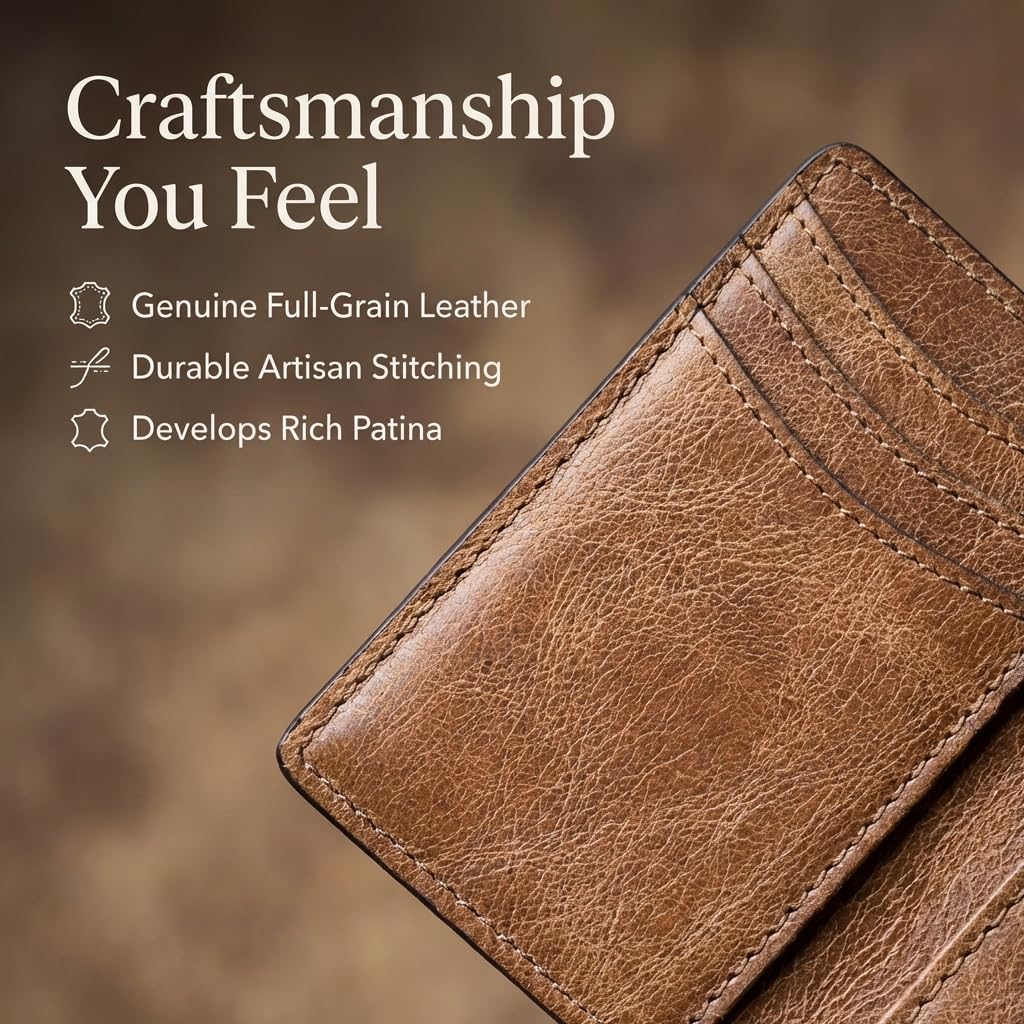 NKPT Slim Leather Credit Card Holder Wallet for Men | Full-Grain Leather, RFID Blocking, 6 Card Slots | Black