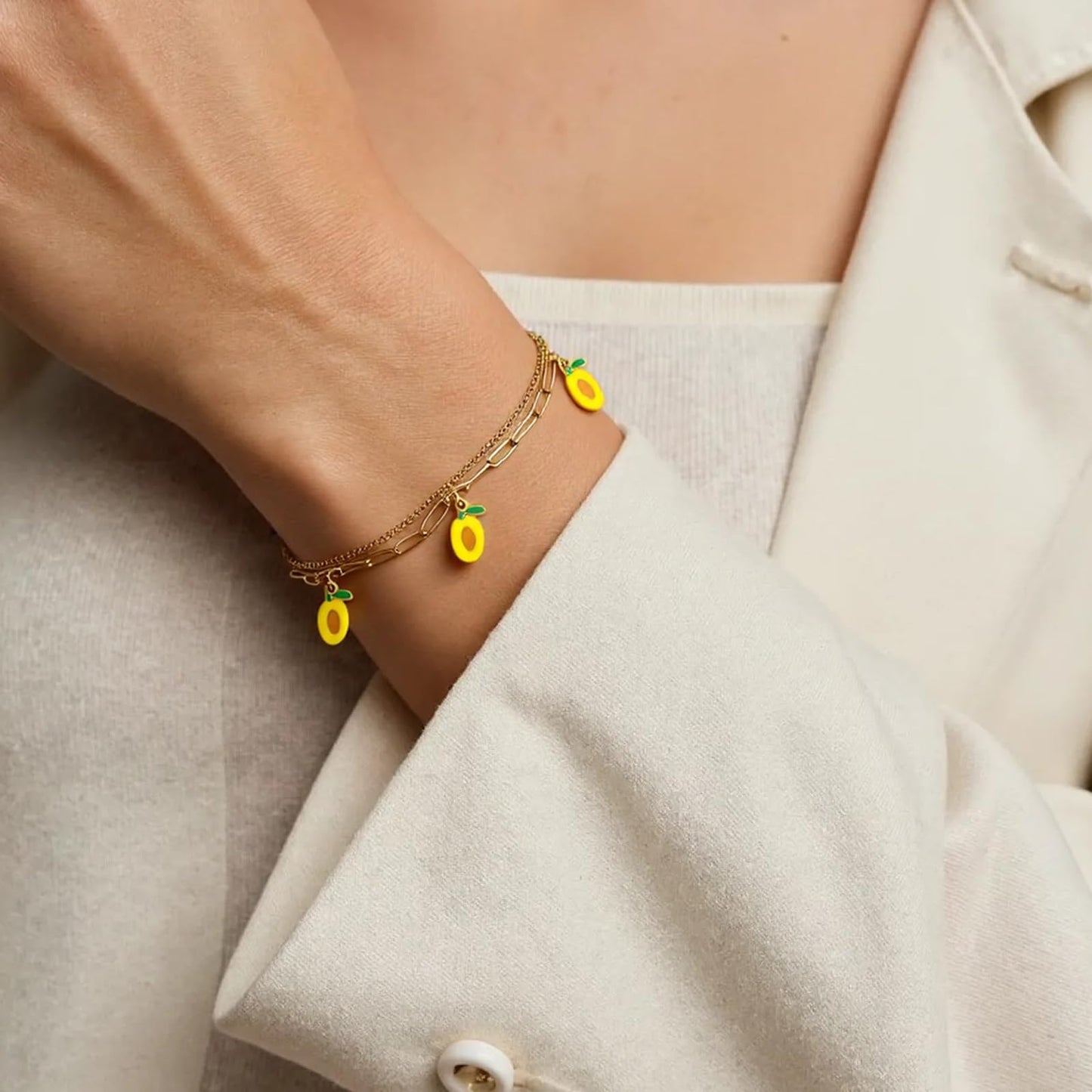 LCTrusttmor Gahna Mango Bracelets for Women, 18K Gold Plated Mango Fruit Charms with Adjustable Layered Chain Link for Women Summer Jewelry Gifts