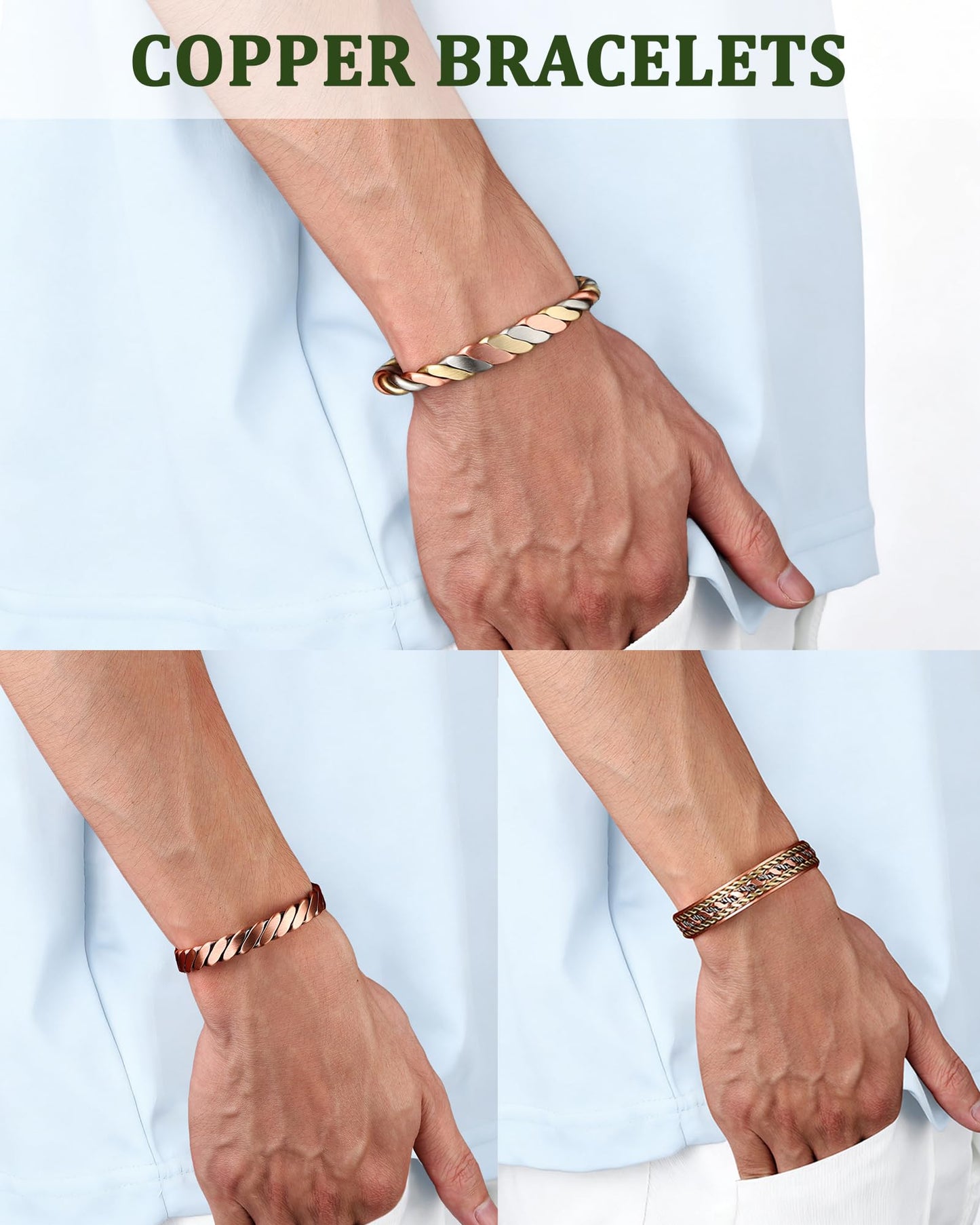 MagEnergy Copper Bracelets for Women Men, Set of 3 Pcs, Magnetic Therapy, Handmade 99% Copper Cuff Bracelet, Jewelry Gift Box