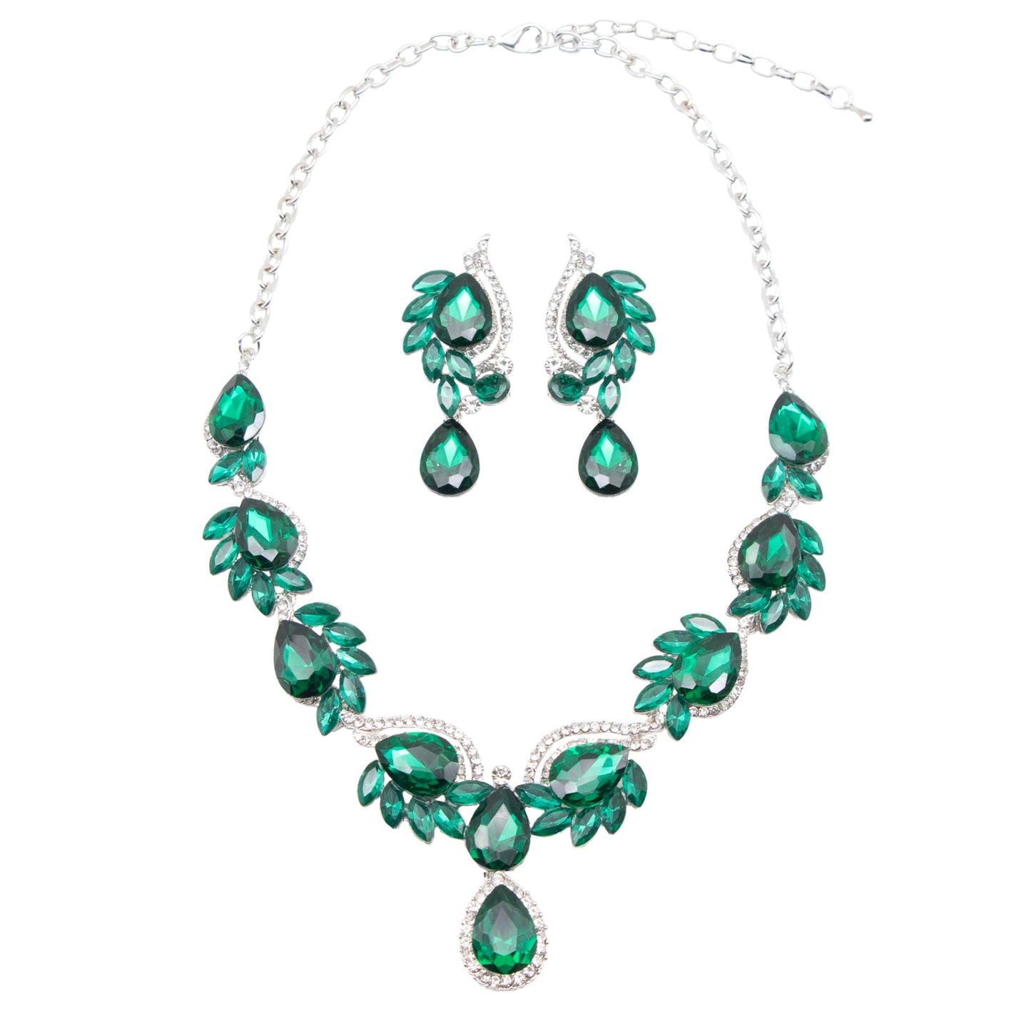 Qlavoca Elegant Crystal Jewelry Set for Women Teardrop Rhinestone Necklace and Dangle Earrings Set for Bridal Evening Prom Jewelry (Green)