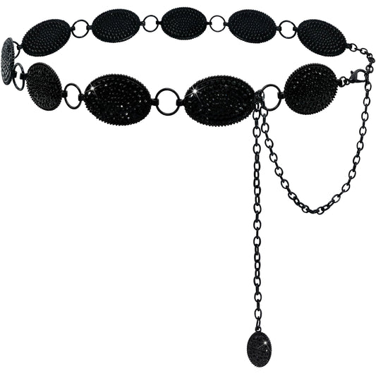 Xiokyo Bling Rhinestone Concho Belt Heavy Metal Western Crystal Chain Belt Cowgirl Sparkly Waist Chain for Women (Black-black Crystals, 38–40")