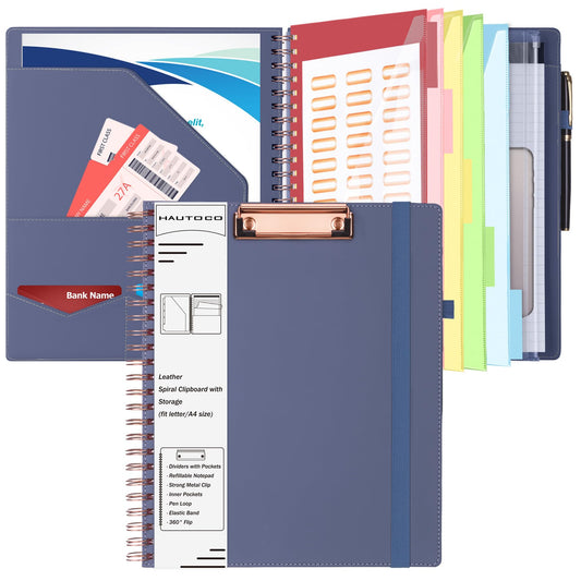 HAUTOCO Spiral Leather Clipboard Folio with Notepad (8.5 x 11''), 5 Folders with 10 Pockets, Storage Zipper Pouch, Pen Loop, 39 Stickers, Padfolio Organizer for Work School, Purple Gray