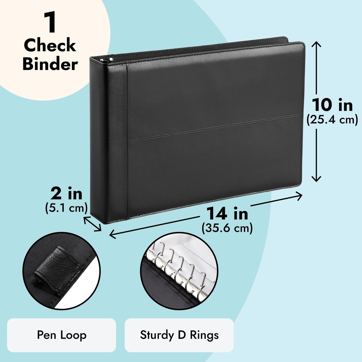 Juvale Check Binder - Black Faux Leather, 7-Ring, 14 x 10 in, Fits 600 Checks - Business Checkbook Binder & Cover with Pen Loop, Checkbook Holder & Organizer for Personal & Corporate Use