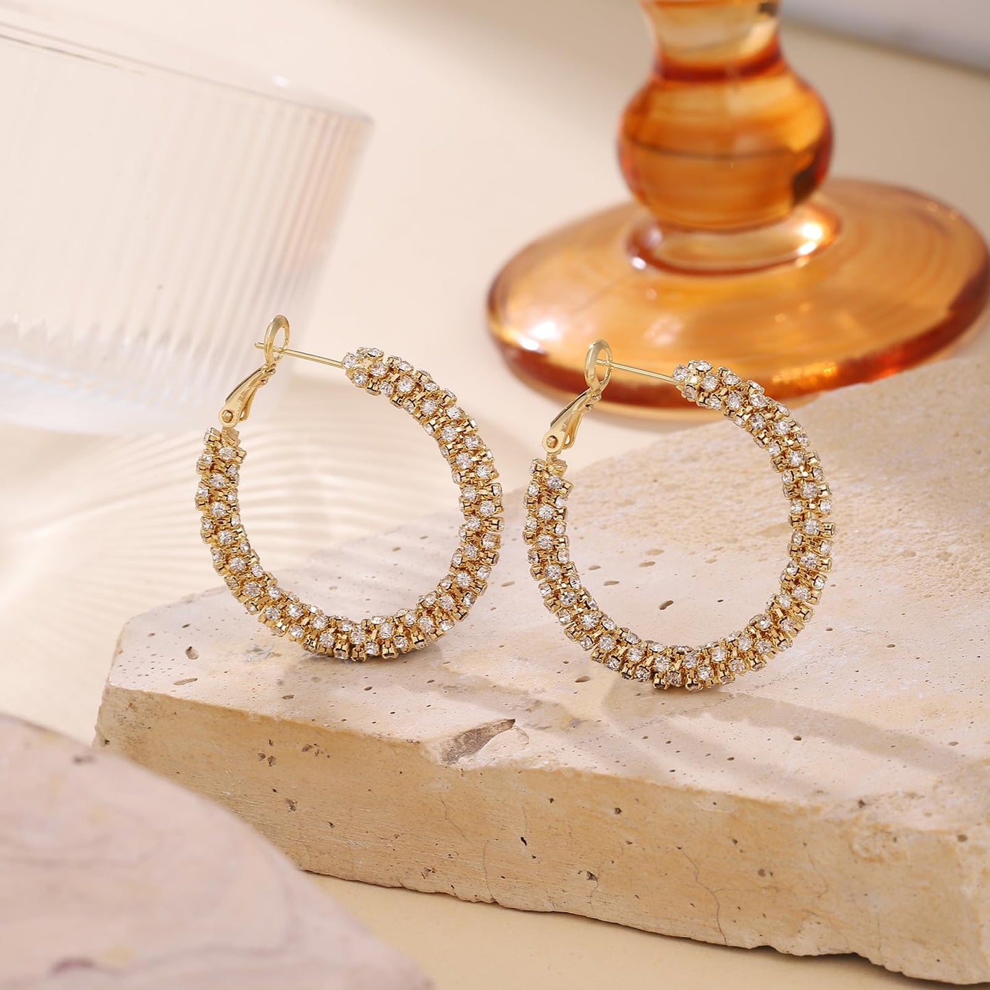 SayovatBek 14K Gold Plated 25–35mm Lightweight Hoop Earrings for Women, Cubic Zirconia, 925 Sterling Silver Post, Hypoallergenic Jewelry