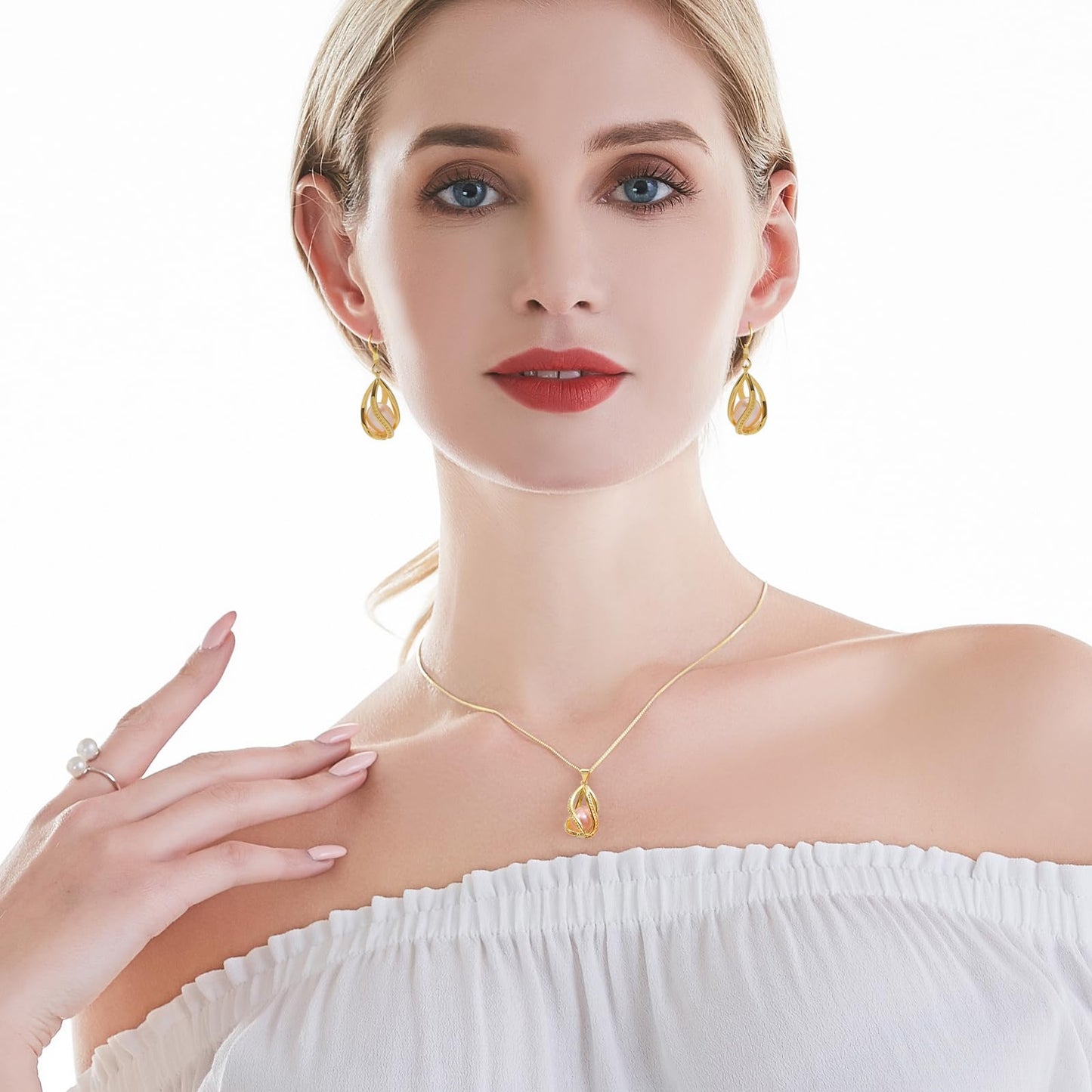 HENGSHENG Pearl Jewelry Set For Women 14K Gold Plated Necklace & Earrings Set Freshwater Pearl Pendant Cage Set for Wedding Anniversary Prom Birthday Gift - Golden Pink