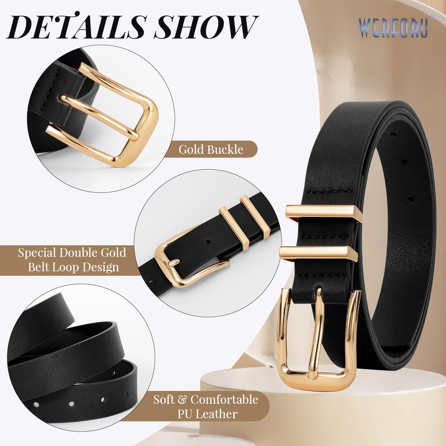 WERFORU 3 PACK Women Belt Women Fashion Leather Belts for Jeans Pants Ladies Belts with Gold Buckle,A-Black+Brown+Beige,Fit Waist Size 37-41 Inches