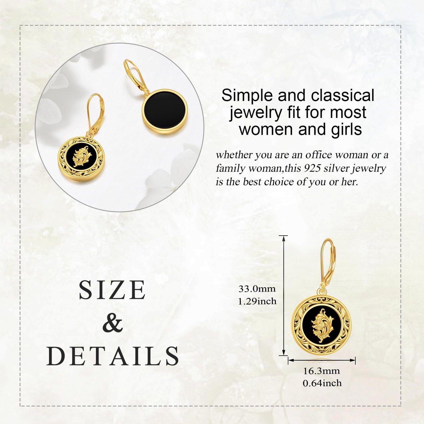 Black Onyx Drop Earrings for Women Sterling Silver 18K Yellow Gold Plated Filigree Black Onyx Dangle Leverback Earrings Jewelry Gifts