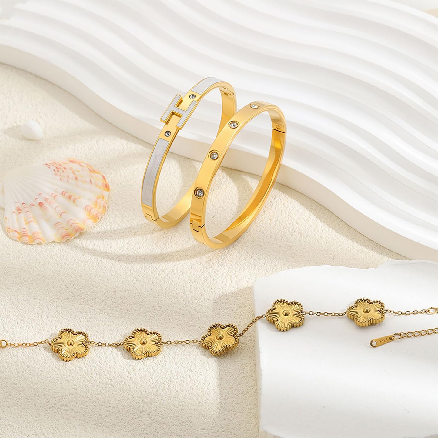 Camhanno Gold Clover Bracelets for Women - 18K Gold Plated Stainless Steel Dainty H Bangle Bracelets| Daily & Party Wear Jewelry, Easter Christmas Mothers Day Gifts