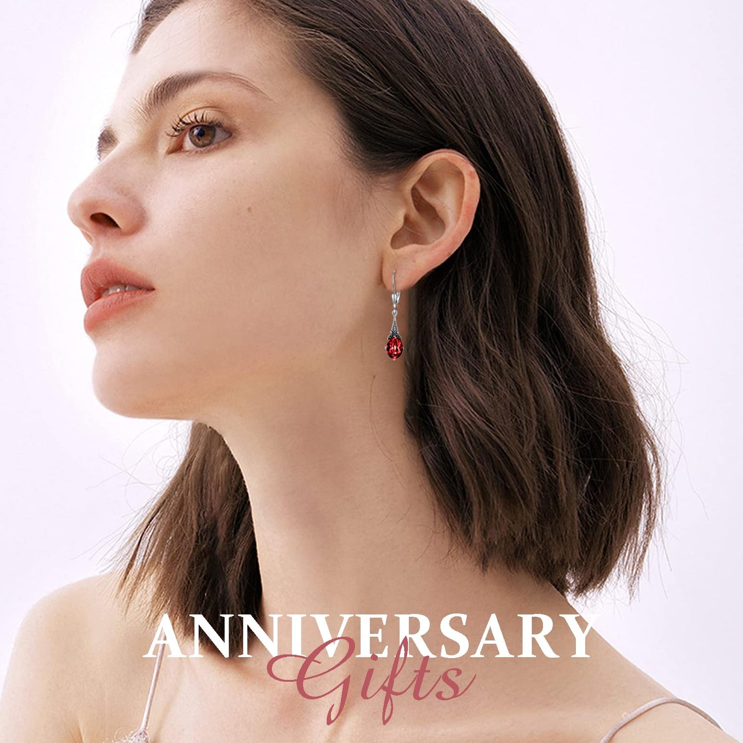 Vintage Leverback Ruby Earrings Sterling Silver Retro Drop Earrings with Oval Red Simulated Birthstone Crystal from Austria, Earrings Gifts Birthday Jewelry for Women