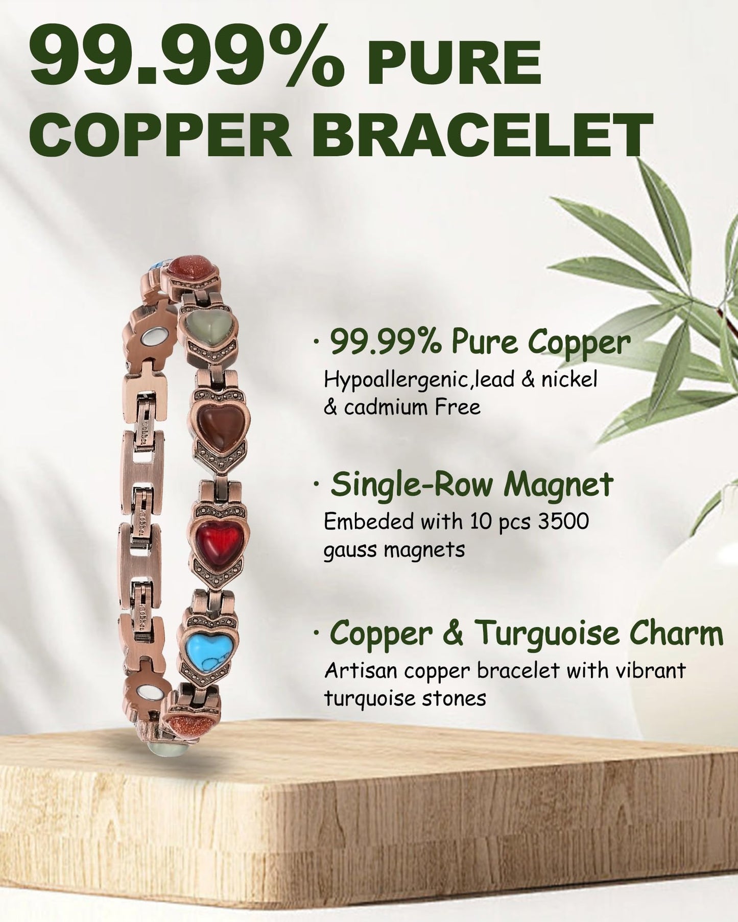 MagEnergy Copper Bracelet for Women, 99.99% Pure Copper Magnetic Bracelets with 3500 Gauss Magnets, Natural Turquoise & Stones, Adjustable, Jewelry Gift