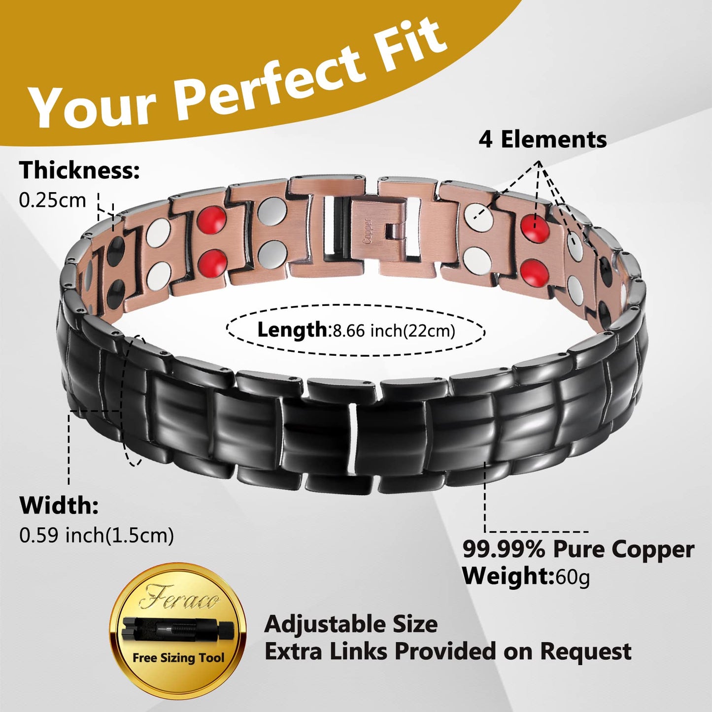 Feraco Copper Bracelet for Men 4 Elements Magnetic Bracelets Elegant 99.99% Solid Copper Jewelry with Magnets (Black)
