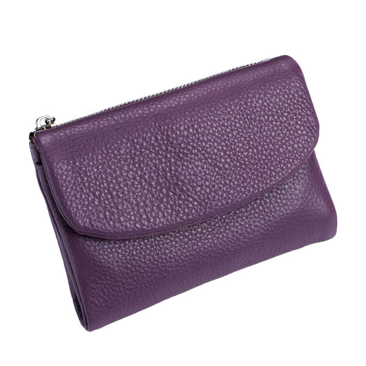 Unisex Pebble Leather Wallet, 5.3In Short Genuine Leather Coin Card Holder, Two zippered pockets, Unisex Clutch Bags, Can Hold Coins, Cards, Id Cards (Purple)