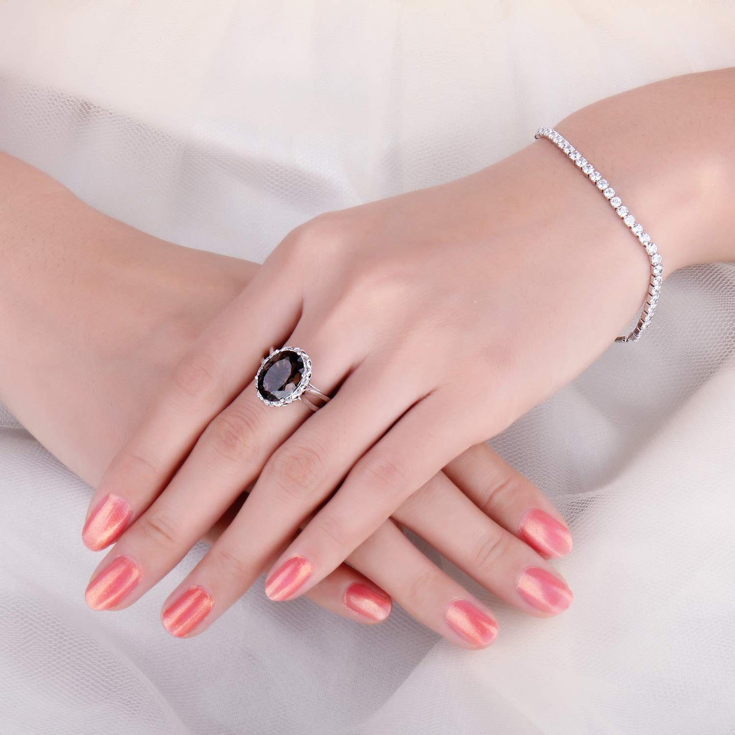 JewelryPalace Huge Oval Shape 5.7ct Genuine Smoky Quartz Cocktail Rings for Her, 14K White Gold Plated 925 Sterling Silver Ring for Women, Natural Gemstone Jewelry Sets Rings 9