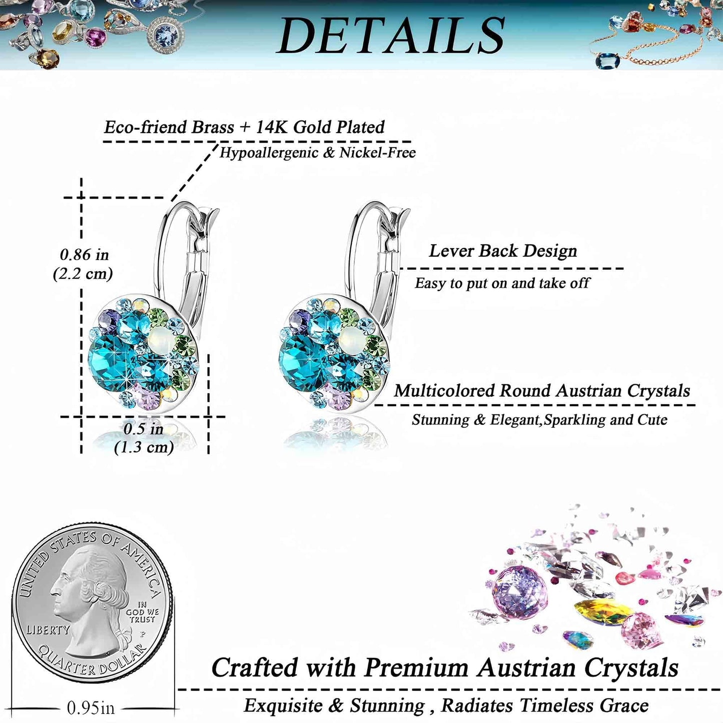 Multicolored Austrian Crystal Leverback Earrings for Women 14K Gold Plated Dangle Hoop Earrings (Blue Green Crystals/Silver-tone)