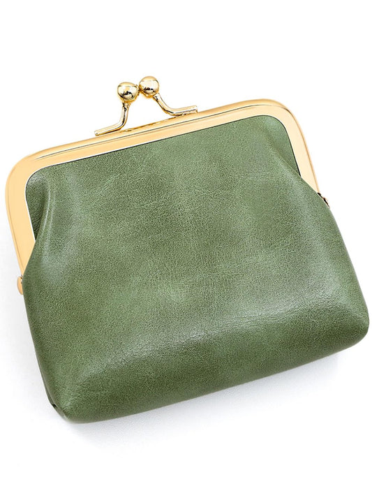 SENCCO Women’s Small Coin Purse, Vintage PU Leather Change Purse, Rectangle Kiss Lock Coin Pouch, Pocket-Sized, Solid Color, Mini Coin Purse for Women - Green