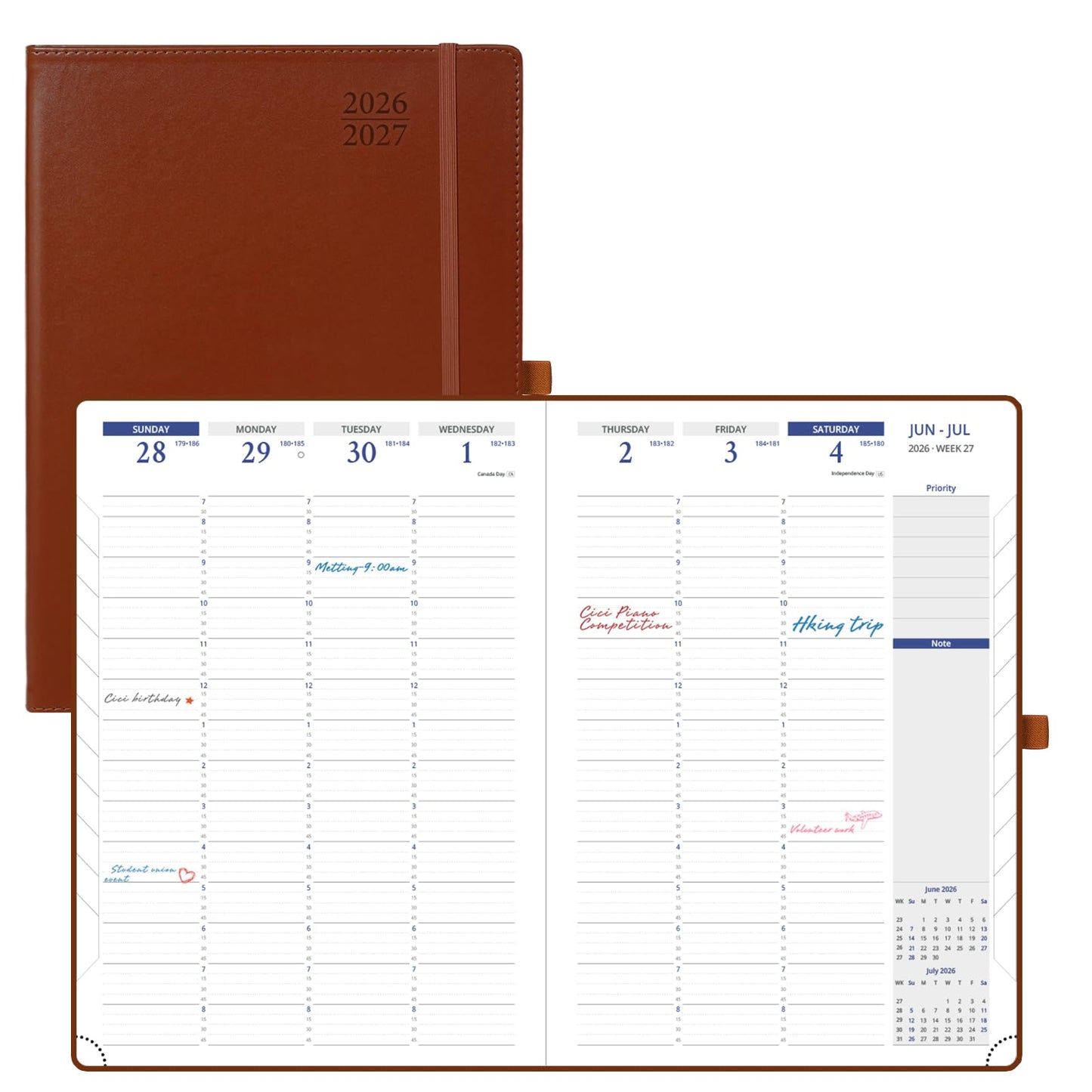 POPRUN Planner 2026-2027, Weekly And Monthly Planner (A4 Size 8.25" x 11.75"), 15-Minute Hourly Planner & Appointment Book (Jul 2026 - Jun 2027), Monthly Tabs, Inner-pocket - Brown