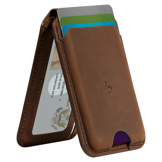 Belemay Strong Magnetic Wallet for MagSafe with Adjustable Stand, Crazy Horse Leather Card Holder, Up to 5 Cards, RFID Blocking, Slim for iPhone 17/16/15/14/13/12 Series Men & Women - Vintage Brown
